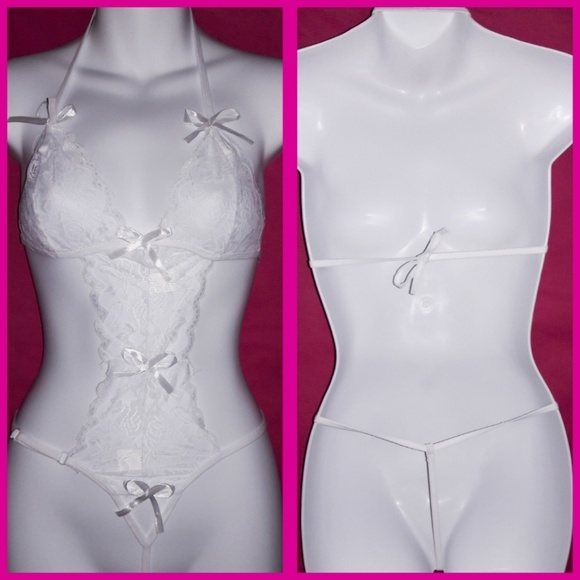 White Rose Sheer Lace w/Bows G-String Bodysuit O/S - Picture 2 of 5